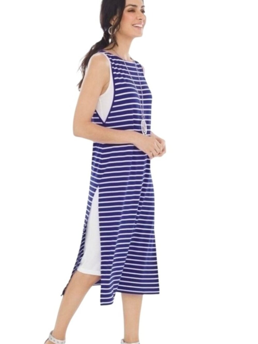 Chico's Blue‎ White Striped Jersey Knit Sleeveless Layered Midi Dress Size XL